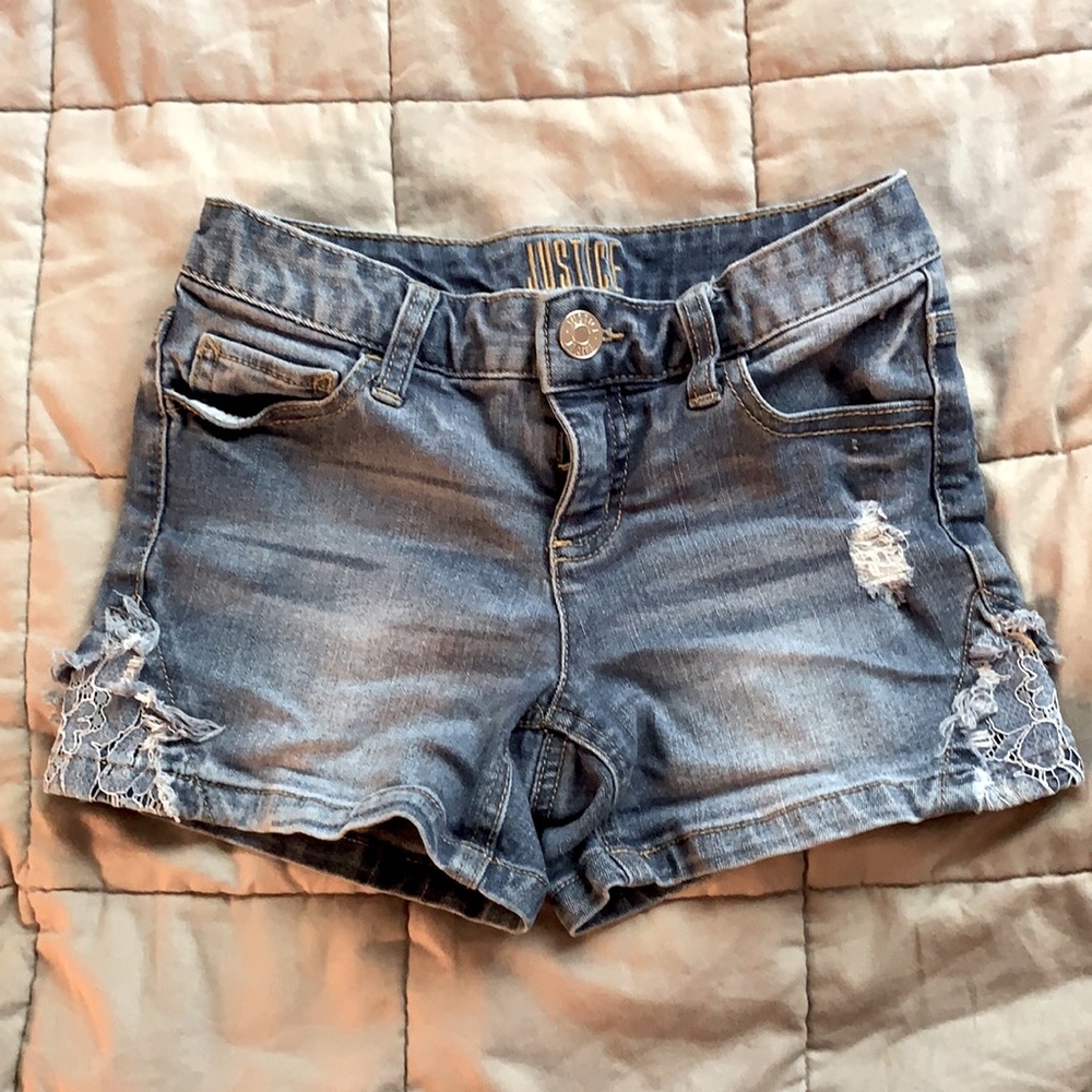 Justice short jean shorts lace distressed details